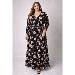 East‎ Adeline 3X Black Floral Wrap Style Maxi Dress Long Sleeve